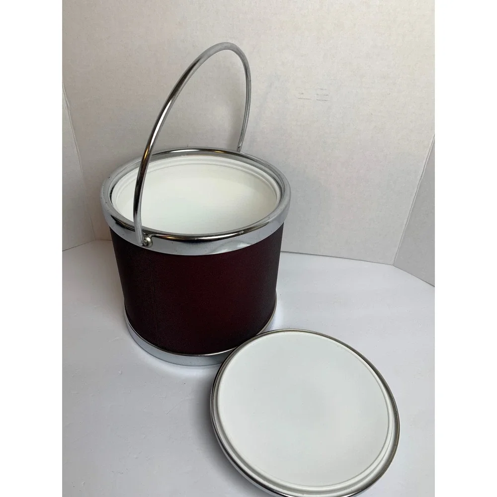 Vintage S.S. Kresge Burgundy Chrome Metal Ice Bucket Heraldic Crest Mid Century